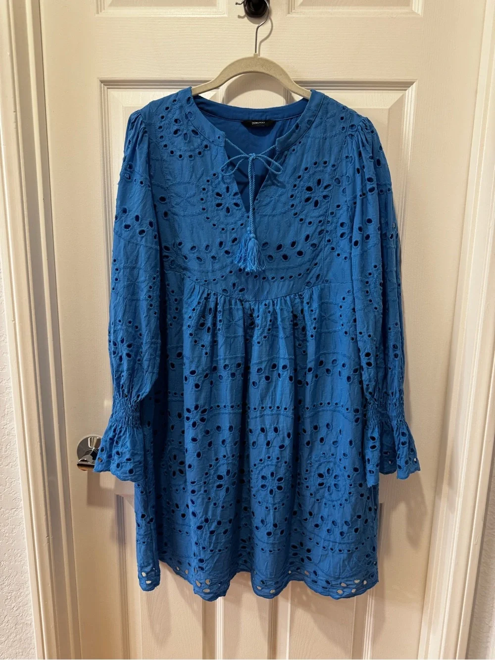 Dokotoo Cobalt Blue Eyelet Boho Peasant Mini Dress Sz M - Picture 3 of 8